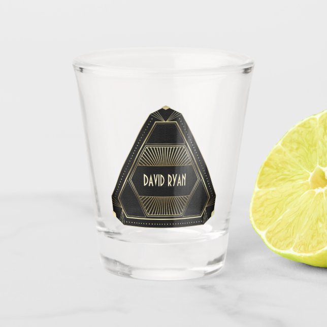 Roaring 20s Gold and Black Art Deco Monogram Shot Glass (Front)