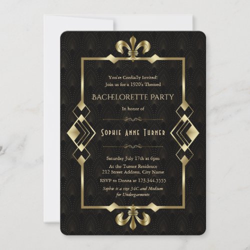 Roaring 20s Gold Art Deco Bachelorette Party  Invitation