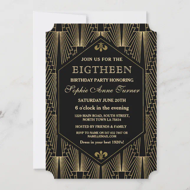 Roaring 20s Great Gatsby Art Deco 18th Birthday Invitation | Zazzle