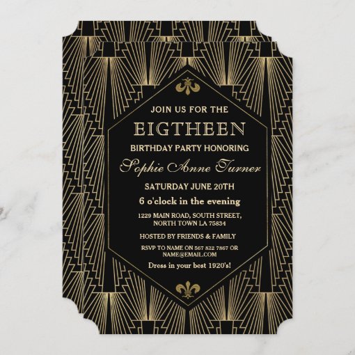 Roaring 20s Great Gatsby Art Deco 18th Birthday Invitation 