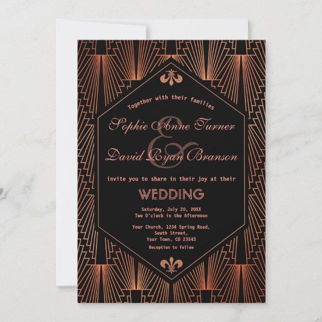 Roaring 20s Great Gatsby Copper Art Deco Wedding Invitation (Front)