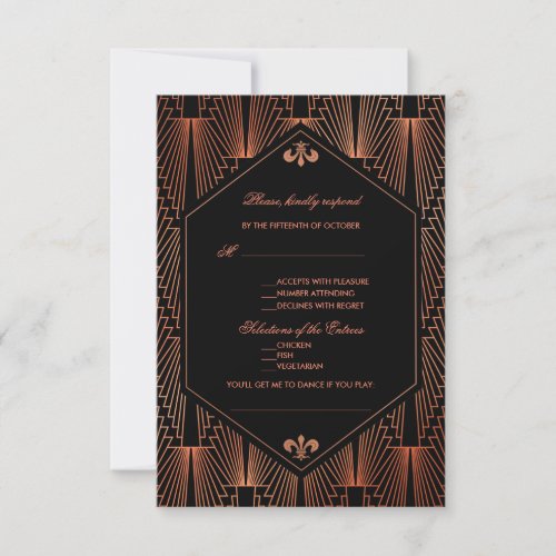 Roaring 20s Great Gatsby Copper Art Deco Wedding RSVP Card