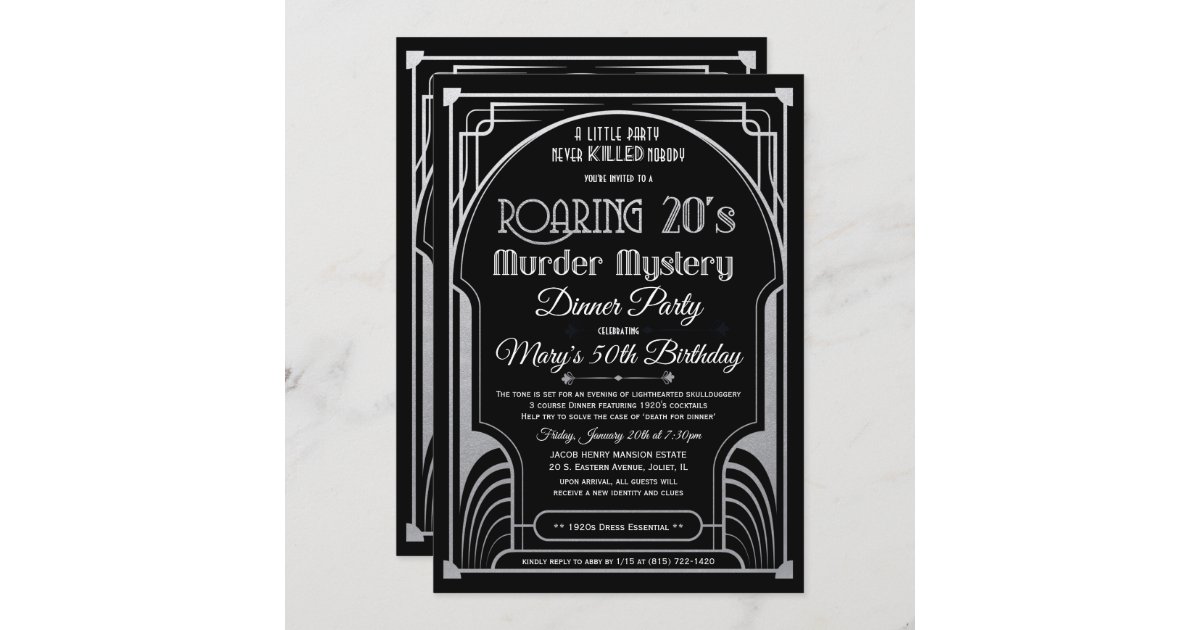 1920s Murder Mystery Dinner Invitation Party Birthday Invite 