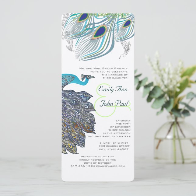 Roaring 20s Peacock Feathers Wedding Invitations (Standing Front)