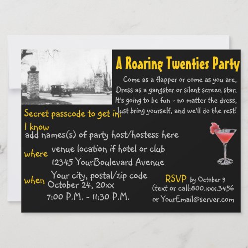 Roaring 20's  Prohibition Era Theme Party Black Custom Invitation