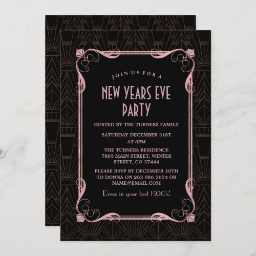 Roaring 20s Rose Gold Great Gatsby New Years Eve Invitation