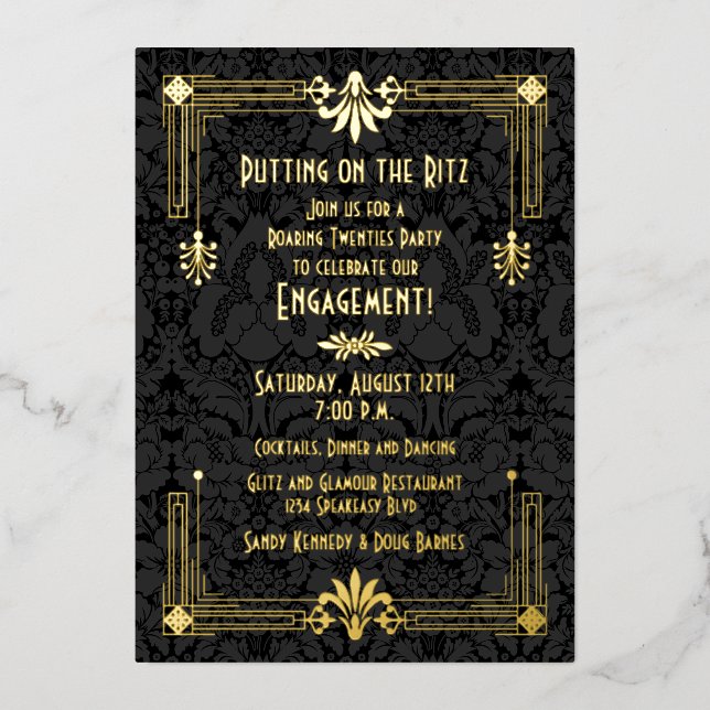Roaring 20s Twenties Art Deco Engagement Party Foil Invitation (Front)