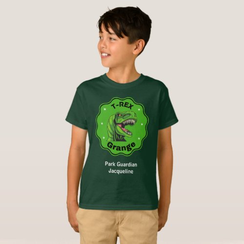 Roaring Adventure T_Rex Grange Dinosaurs on Kids T_Shirt