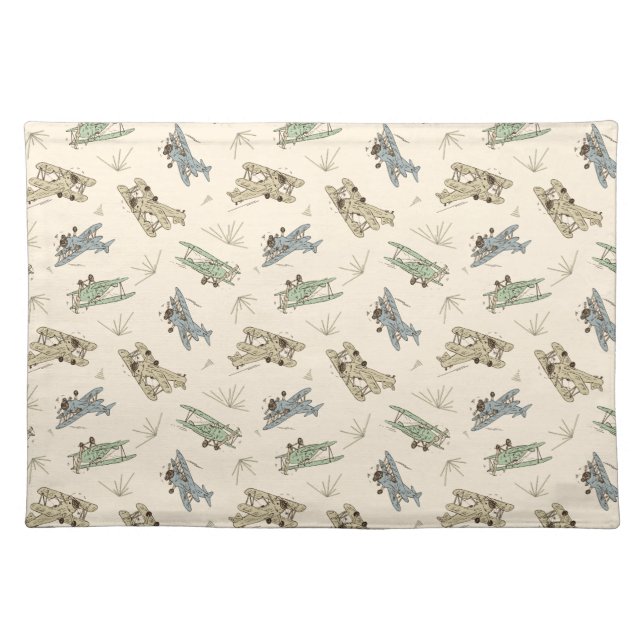 Roaring Art Deco Bi-planes - blue green pattern.   Cloth Placemat (Front)
