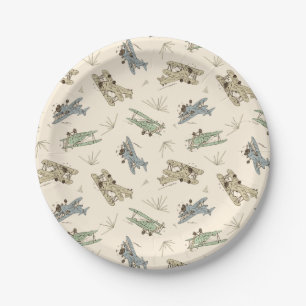 Roaring Art Deco Bi-planes - blue green pattern.   Paper Plates