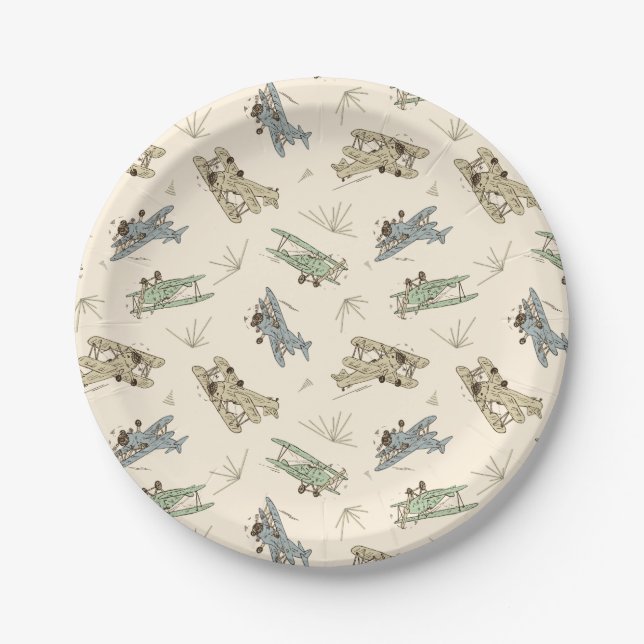 Roaring Art Deco Bi-planes - blue green pattern.   Paper Plates (Front)