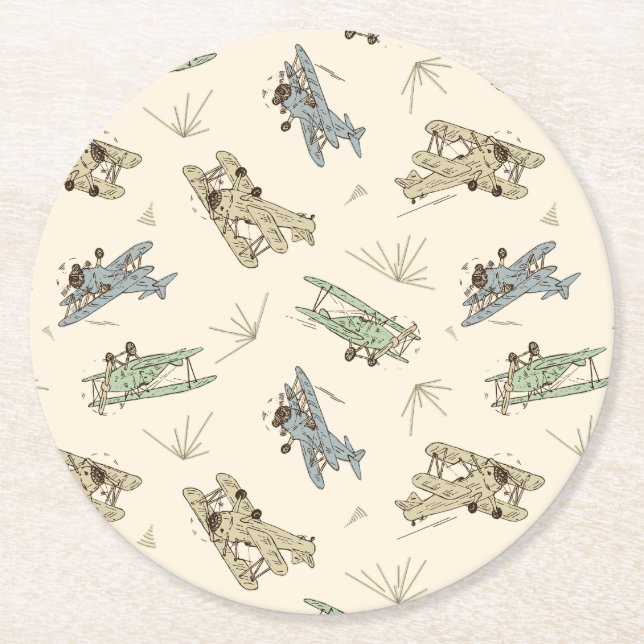 Roaring Art Deco Bi-planes - blue green pattern.   Round Paper Coaster (Front)