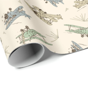 Roaring Art Deco Bi-planes - blue green pattern. Wrapping Paper
