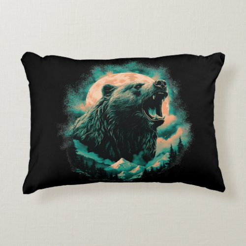 Roaring bear in mountains design accent pillow