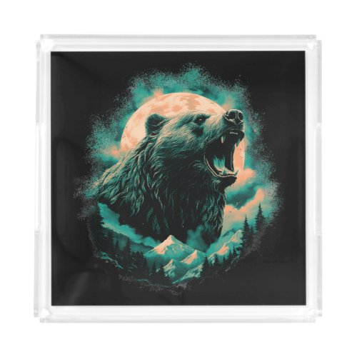 Roaring bear in mountains design acrylic tray