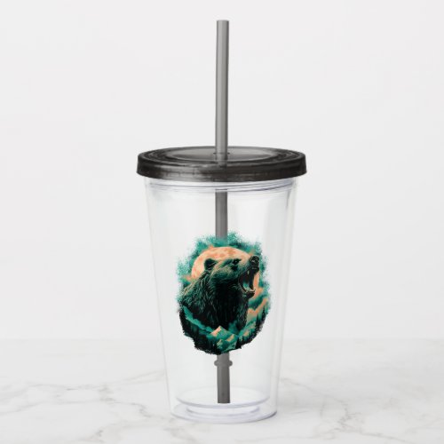 Roaring bear in mountains design acrylic tumbler