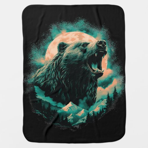 Roaring bear in mountains design baby blanket