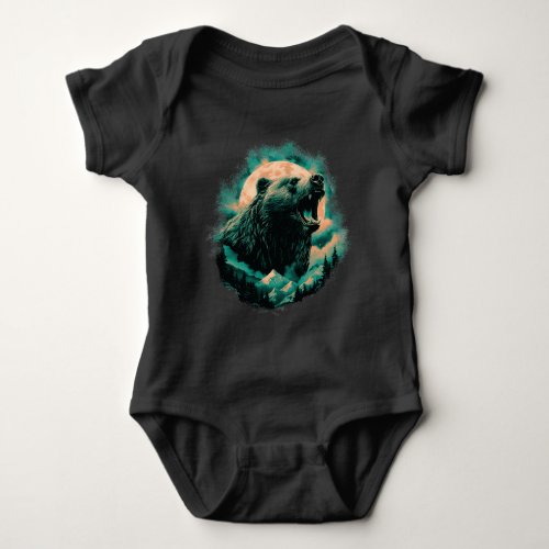 Roaring bear in mountains design baby bodysuit