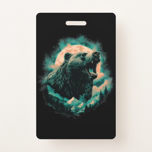 Roaring bear in mountains design badge