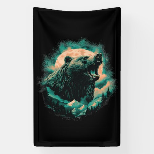 Roaring bear in mountains design banner