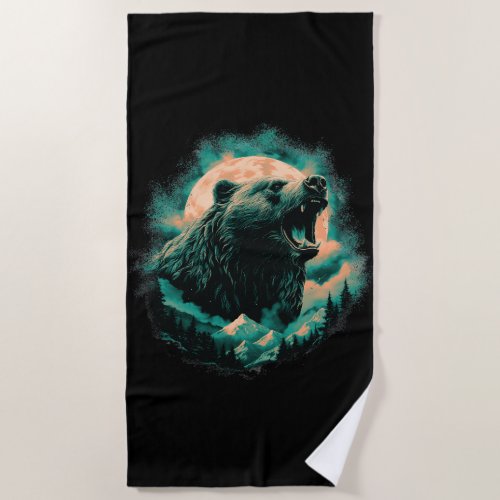 Roaring bear in mountains design beach towel
