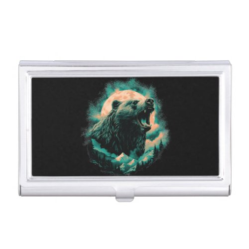 Roaring bear in mountains design business card case