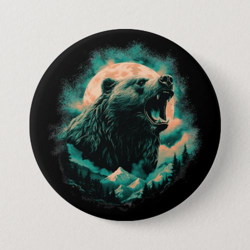Roaring bear in mountains design button