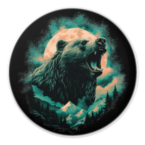 Roaring bear in mountains design ceramic knob