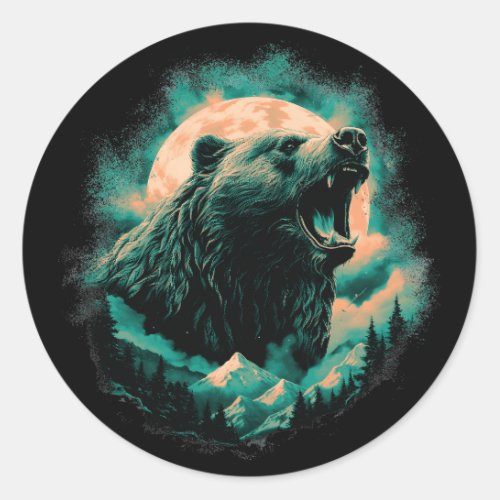 Roaring bear in mountains design classic round sticker