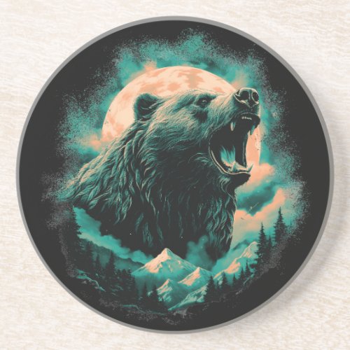 Roaring bear in mountains design coaster