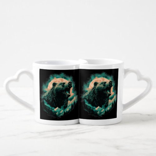 Roaring bear in mountains design coffee mug set