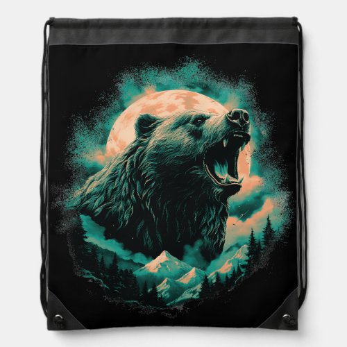 Roaring bear in mountains design drawstring bag