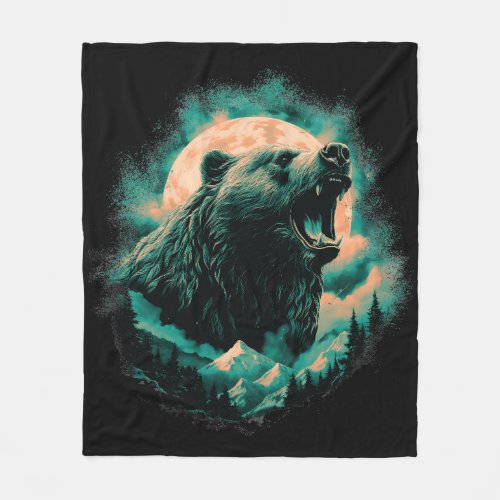 Roaring bear in mountains design fleece blanket