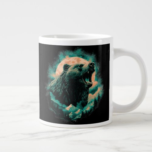 Roaring bear in mountains design giant coffee mug