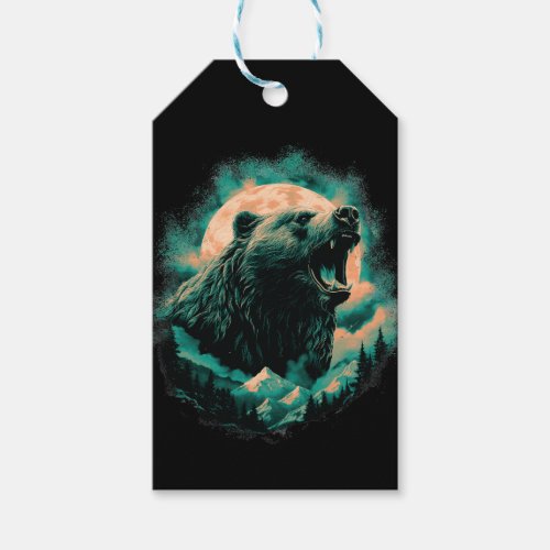 Roaring bear in mountains design gift tags