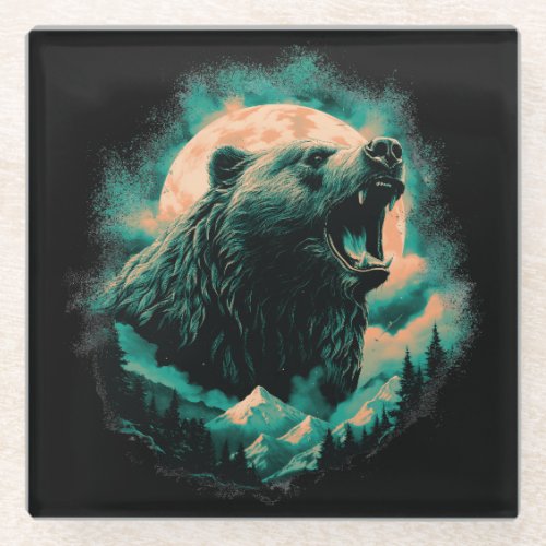 Roaring bear in mountains design glass coaster