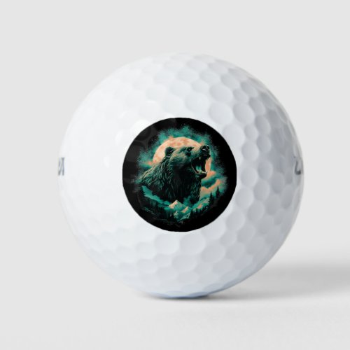 Roaring bear in mountains design golf balls