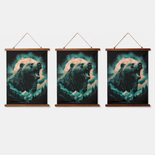Roaring bear in mountains design hanging tapestry
