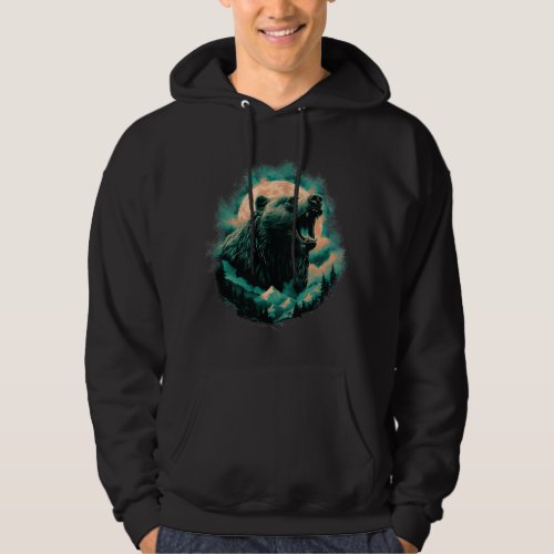 Roaring bear in mountains design hoodie