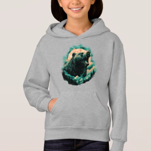 Roaring bear in mountains design hoodie