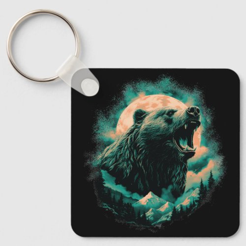 Roaring bear in mountains design keychain