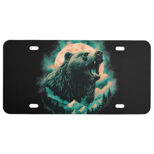 Roaring bear in mountains design license plate