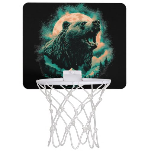 Roaring bear in mountains design mini basketball hoop