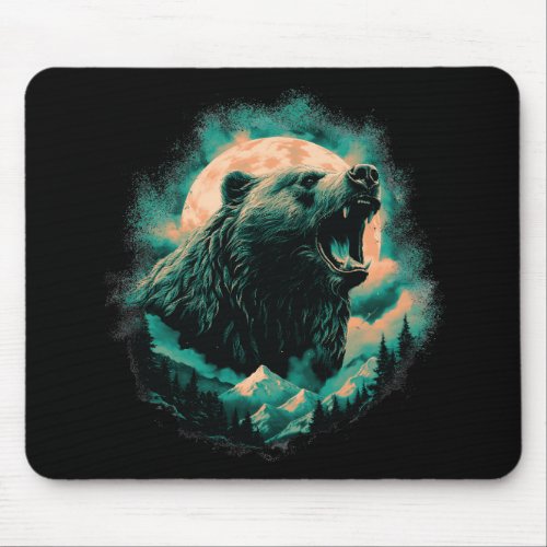 Roaring bear in mountains design mouse pad