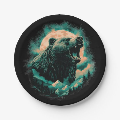 Roaring bear in mountains design paper plates