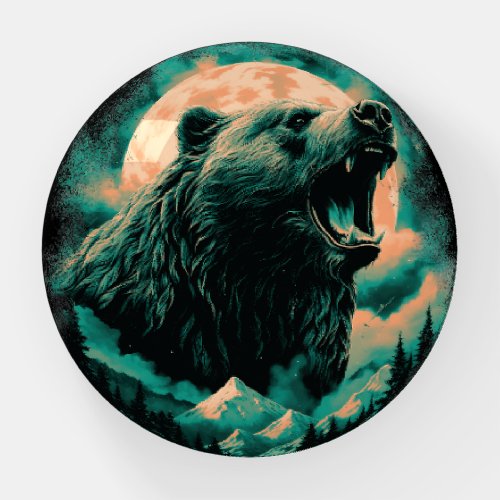 Roaring bear in mountains design paperweight