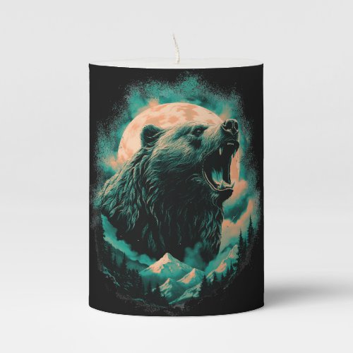 Roaring bear in mountains design pillar candle