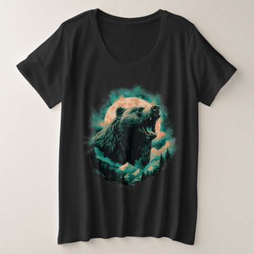 Roaring bear in mountains design plus size T_Shirt