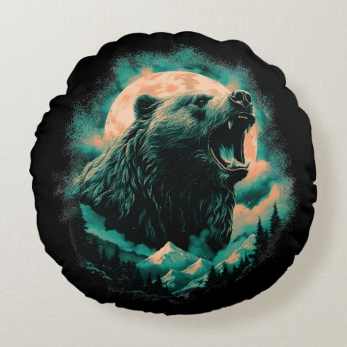 Roaring bear in mountains design round pillow