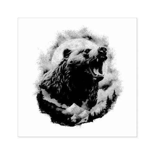 Roaring bear in mountains design rubber stamp